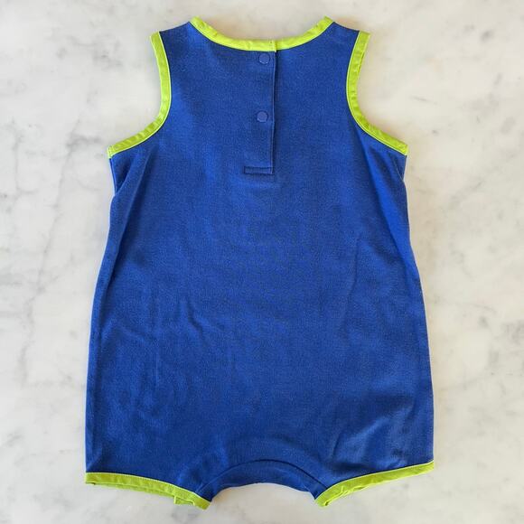 Vintage Y2K Hawaii Surf Hibiscus Flower Blue and Green Sleeveless Romper / 12 M - Picture 6 of 7